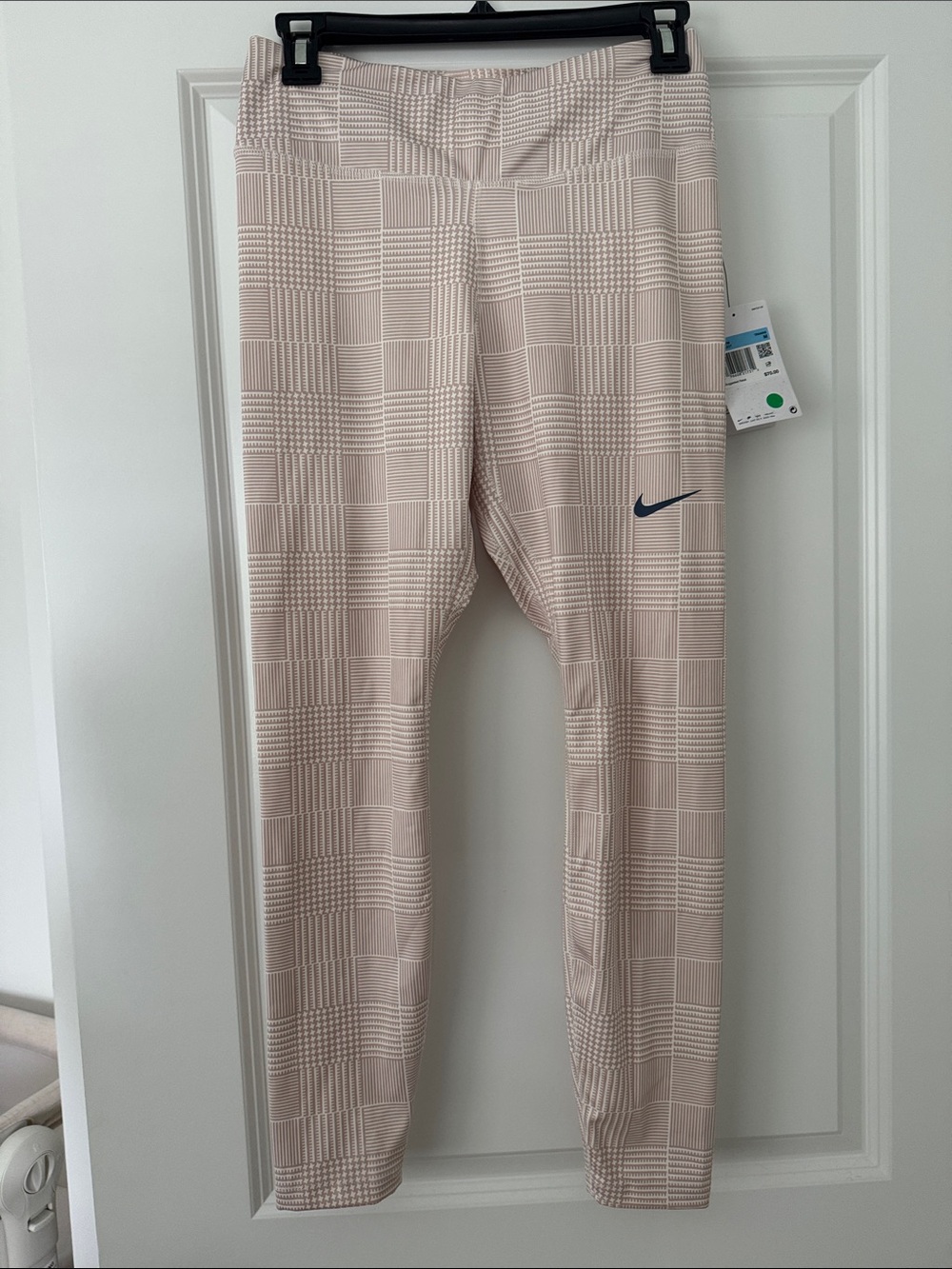 Nike Women’s Light Beige Plaid Leggings with Navy Swoosh